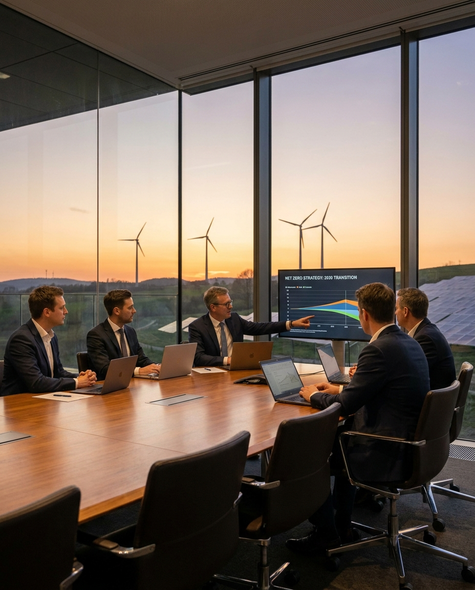 Equipo consultor revisando estrategia Net Zero con turbinas eólicas y paneles solares al fondo